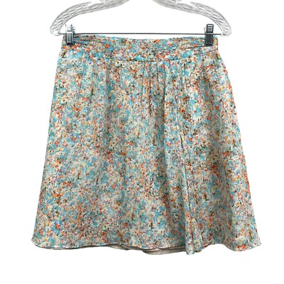 J. Crew Womens Silk Mini Skirt Floral Pleated Fully Lined Zip Blue Orange Sz 4