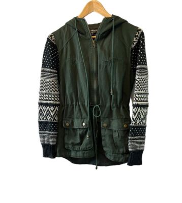 Green Hooded Knit Printed Sleeve Utility Zip Up Jacket Size M