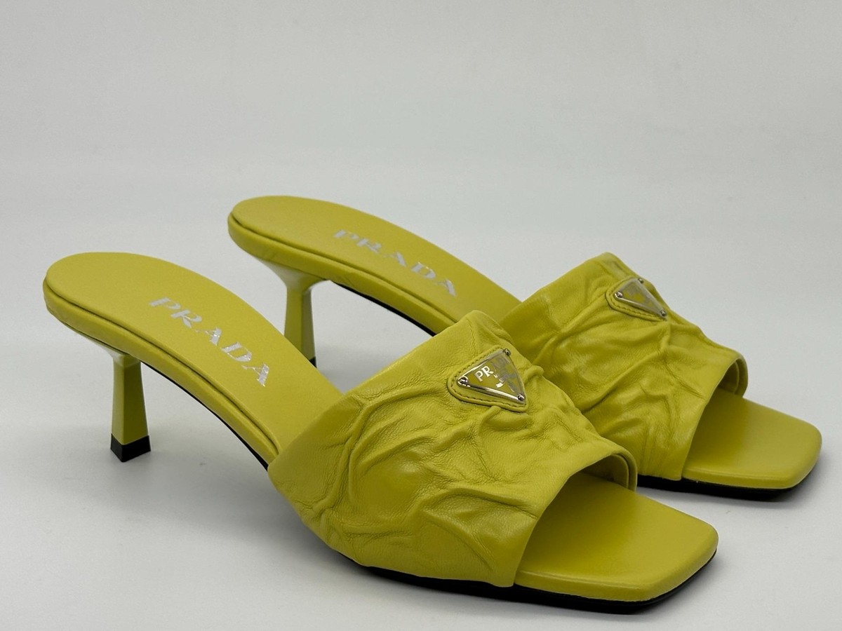PRADA Signature Logo Antique Crinkled Leather Mules Sandals