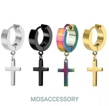 Cross Dangle Hoop Earrings, Hinged Huggie Men's Women's Vintage Stainless Steel