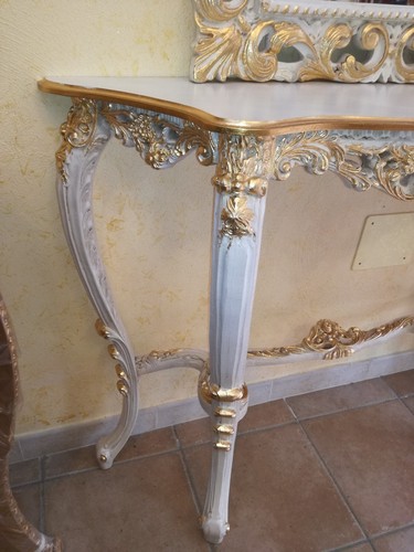 INGRESSO CONSOLE CON SPECCHIERA STILE BAROCCO LUIGI XIV AVORIO E FOGLIA ORO - Foto 4 di 8
