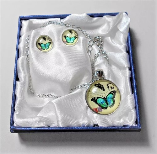Glass Butterfly Pendant + Stud Earrings, 20" chain, Gift Box, Blue, Green, Pink - Picture 5 of 12