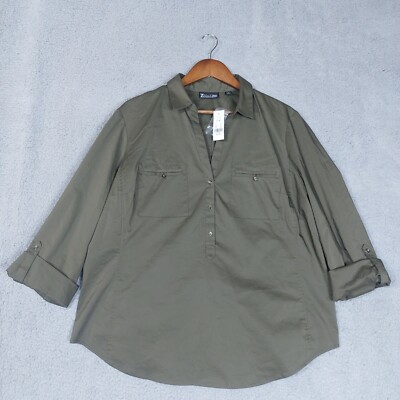 7th Avenue NY And Co. Blouse Womens XL Green Shirt Roll Tab Sleeve Button Up NWT