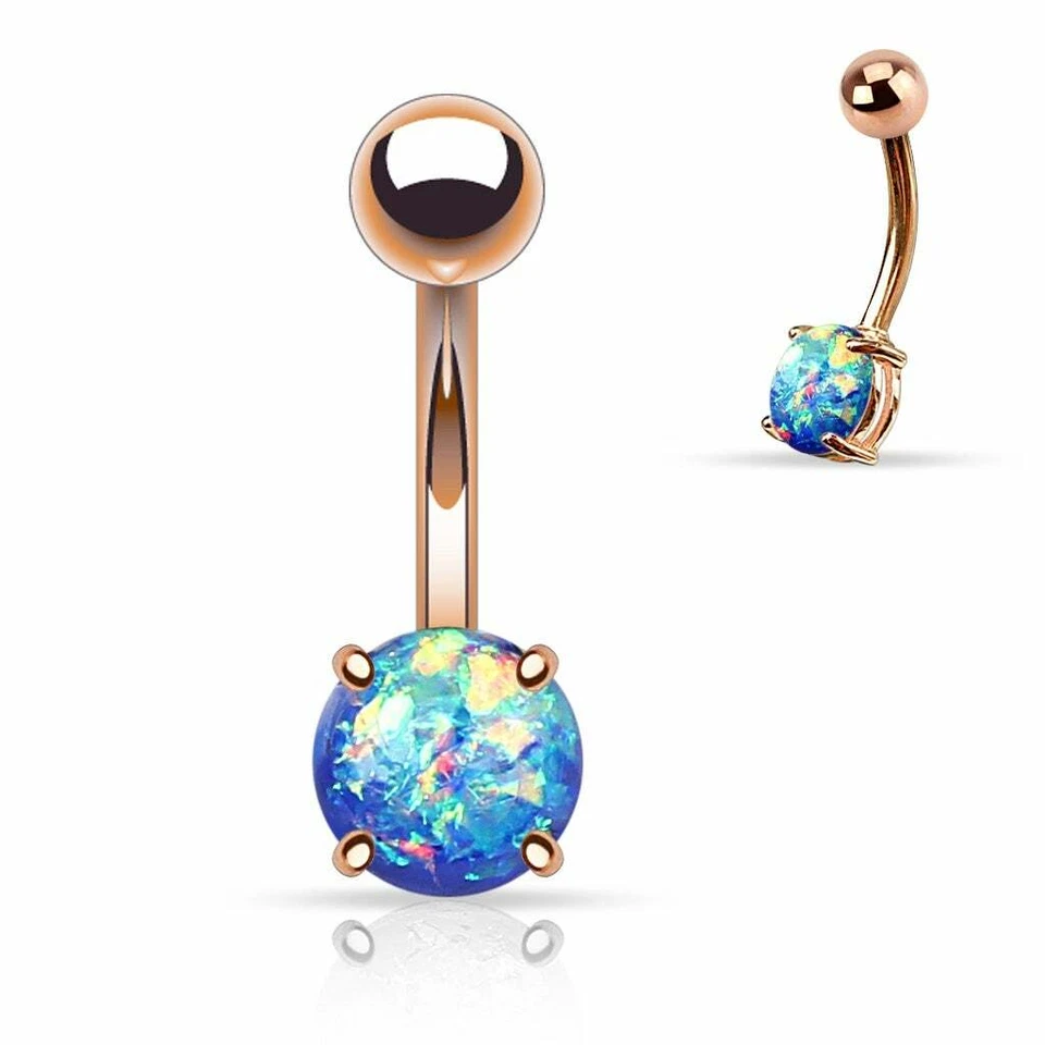 1pc 14G PRONG SET BLUE OPAL ROSE GOLD TITANIUM STEEL NAVEL BELLY BUTTON RING