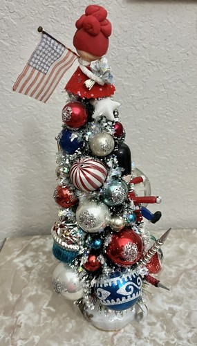 12 1/2” Patriotic Bottle Brush Tree Glass Ornaments Jewels Flags Red White Blue - Picture 5 of 18