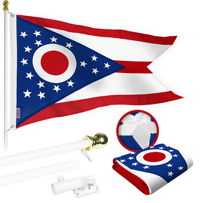 NEW G128 Ohio Flag & Flagpole, 5FT White Pole + 2.5x4FT Embroidered Spun Poly