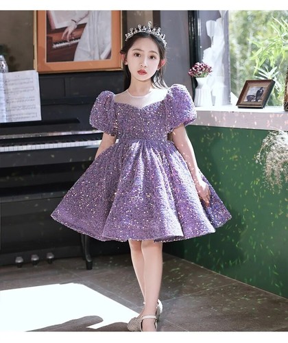Evening Kids Formal Party Dresses Girls Purple Sequins Short Gown Luxury Pageant - Picture 14 of 30