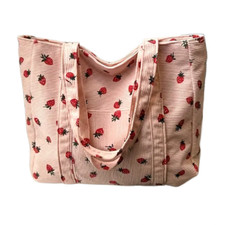 Pink Corduroy Tote Bag Strawberry Pattern Large 13"x12" Shoulder Bag Purse New