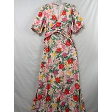 Old Navy Maxi Dress Womens Large Pink Floral Linen Blend Cottage Core Faux Wrap