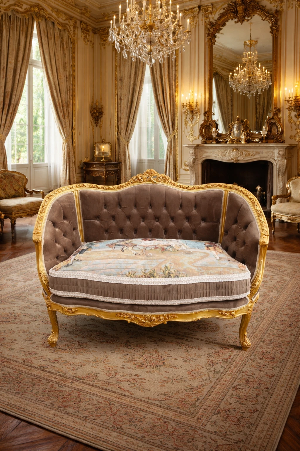 Sofa Louis XVI Corbeille Gold Leaf Velvet French Gilt Beech Couch