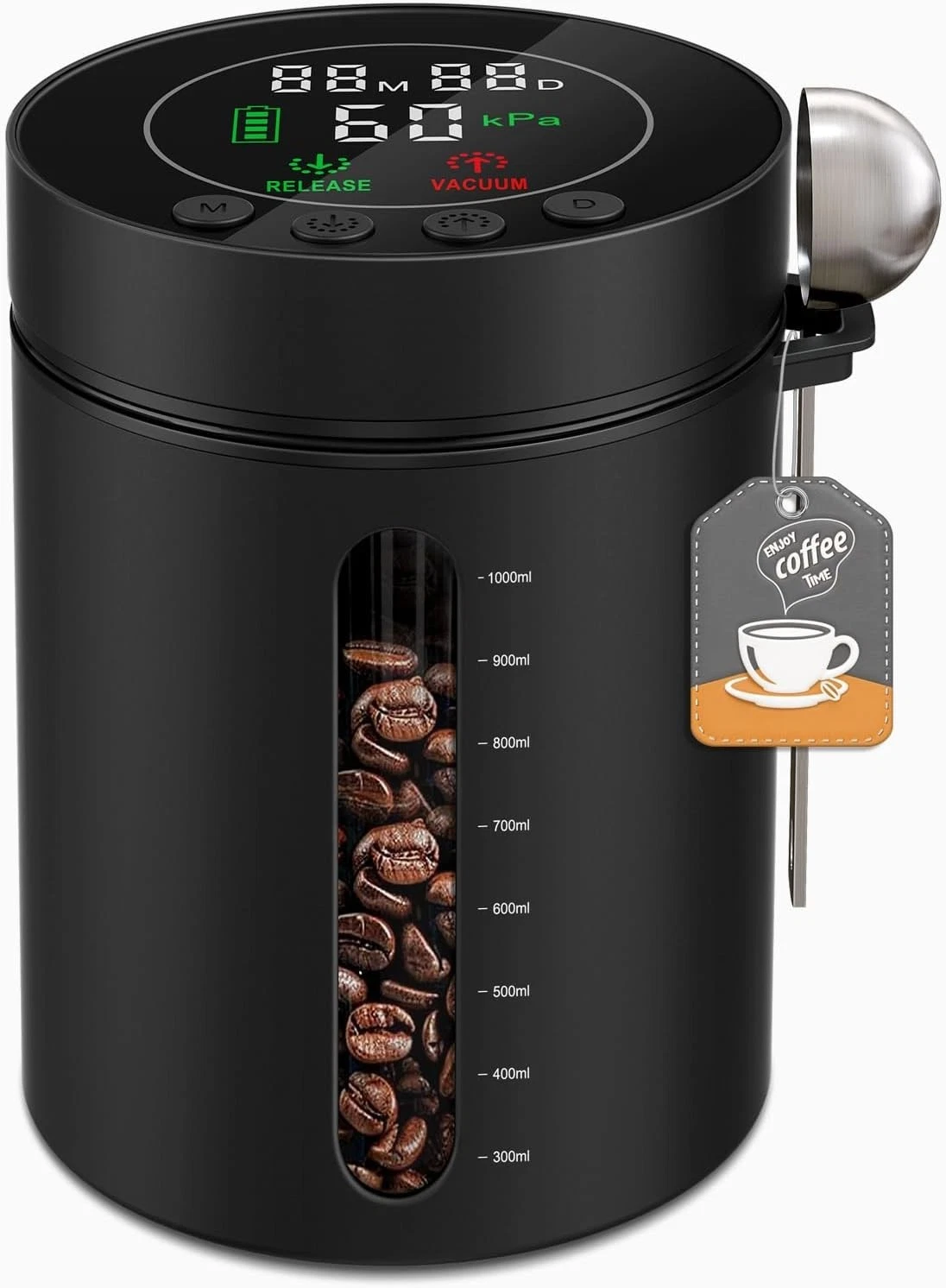 Automatic Airtight Vacuum Sealing Coffee Canister 1.3L Smart Sensors LCD Display