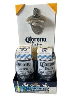 Corona Extra Wall Mounted Bottle Opener Set w/ 2 Glasses + Rimming Salts NEW