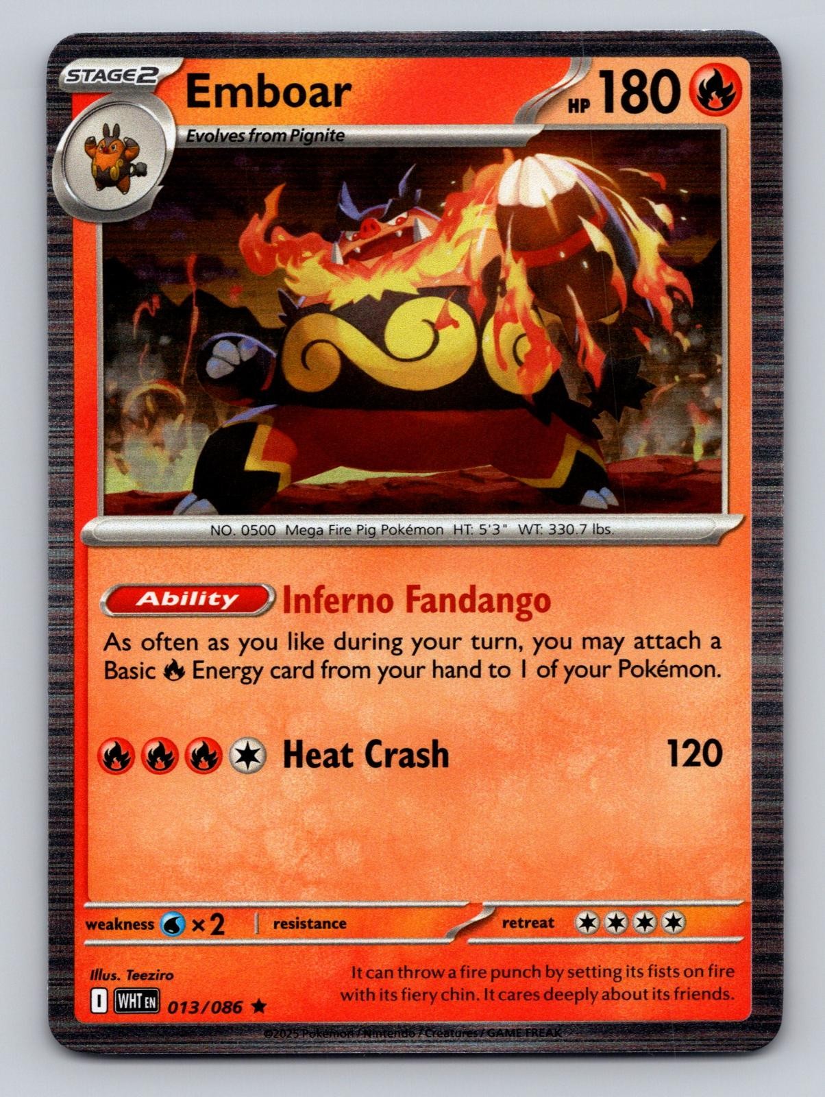 Emboar 013/086 Holo Rare White Flare Pokemon Near Mint