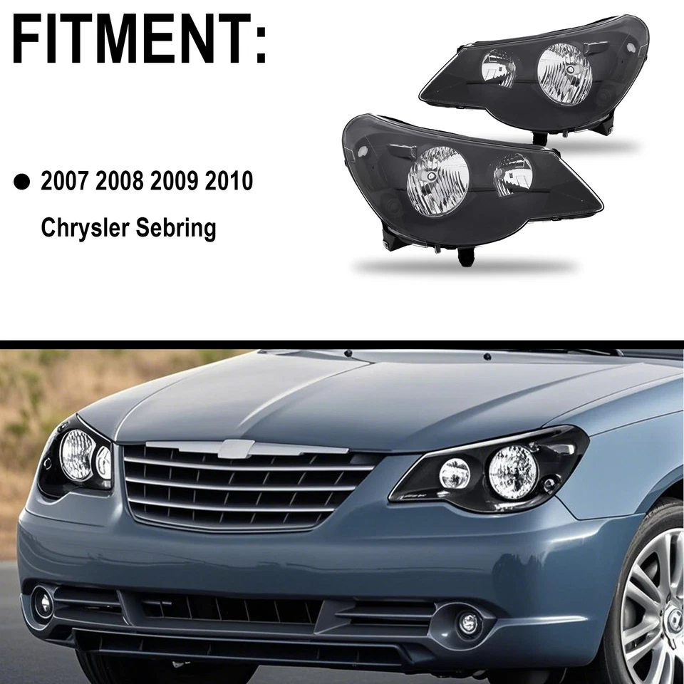 For 2007-2010 Chrysler Sebring Replacement Headlights Headlamps 07-10 Left+Right - Image 2 of 4
