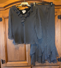 Vtg 90s Adriana Papell Black White Polka Dot Silk Top Skirt 2 Pc Set Ruffles 12