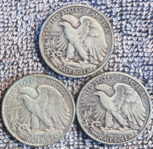 3 1943 walking Liberty half dollars (P, D, S) -- circulated, ungraded