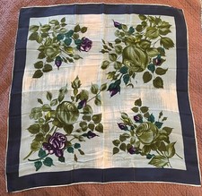 Vintage 1950s Hand-Rolled Scarf Green Purple Roses Navy Trim 31  Sq. Rayon Japan