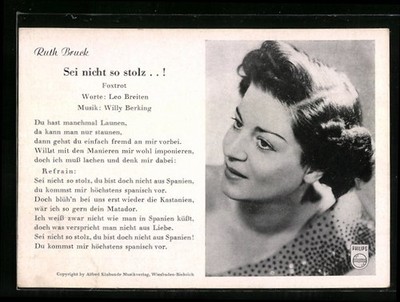 Musikerin Ruth Bruck und das Lied Sei nicht so stolz.., Ansichtskarte 