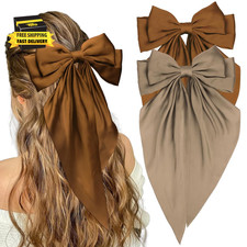 Large Satin Bow Hair Clips with Long Tail - Cute Khaki Brown Hair Accessories fo