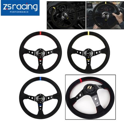 Universal Suede Leather Steering Wheel 345mm Stitch Deep Dish Sport Racing Car