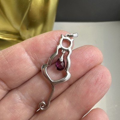Katze Anhänger Halskette simulierter Rubin in 925 Sterling Silber