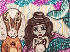 Signed 8x10 Fantasy Art Print - Artist KSams - Cowgirl Mermaid Woman Nubian Goat