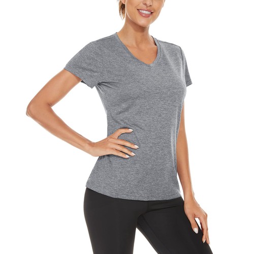 Women's V Neck Workout Shirts Short Sleeve Quick Dry T-Shirts Yoga Athletic Tops - Picture 21 of 61