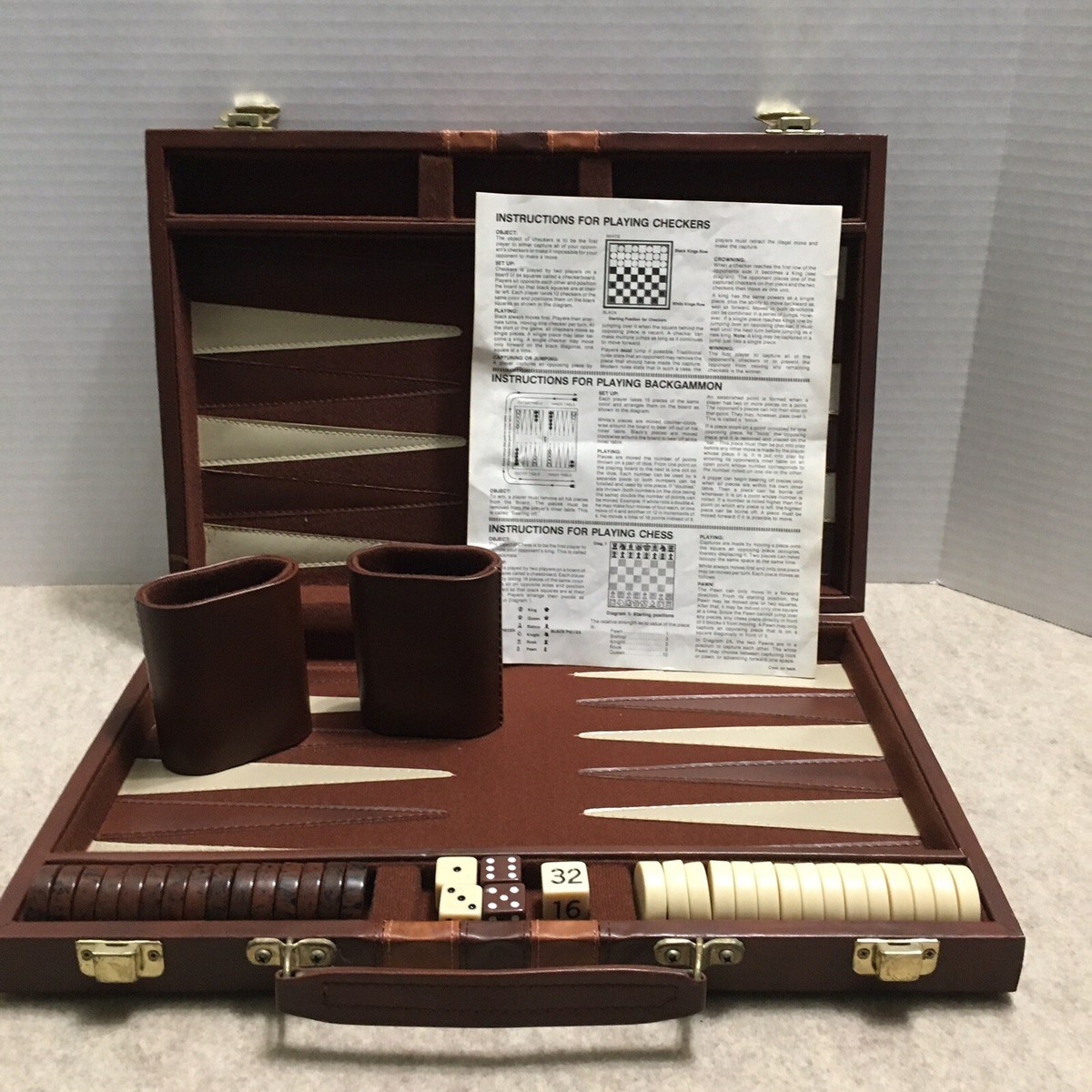 Jeu De Backgammon Vintage Complet, Format Voyage 37x22 Cm, Marron Et Crème