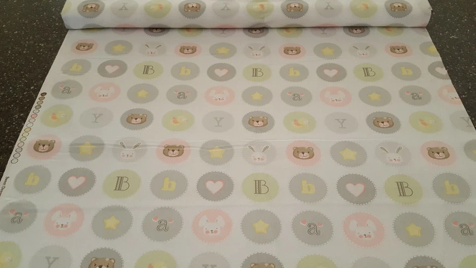 Sweet Dreams BTY Red Rooster Fabric Circles Pink Green Gray Yellow Off-White - Image 3 of 3
