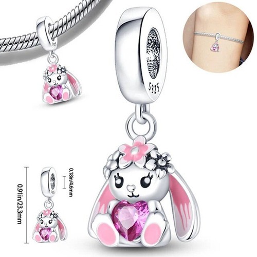 Cute Bunny Holding Heart Pendant S925 Sterling Silver Bead Charm for Women - Picture 2 of 2