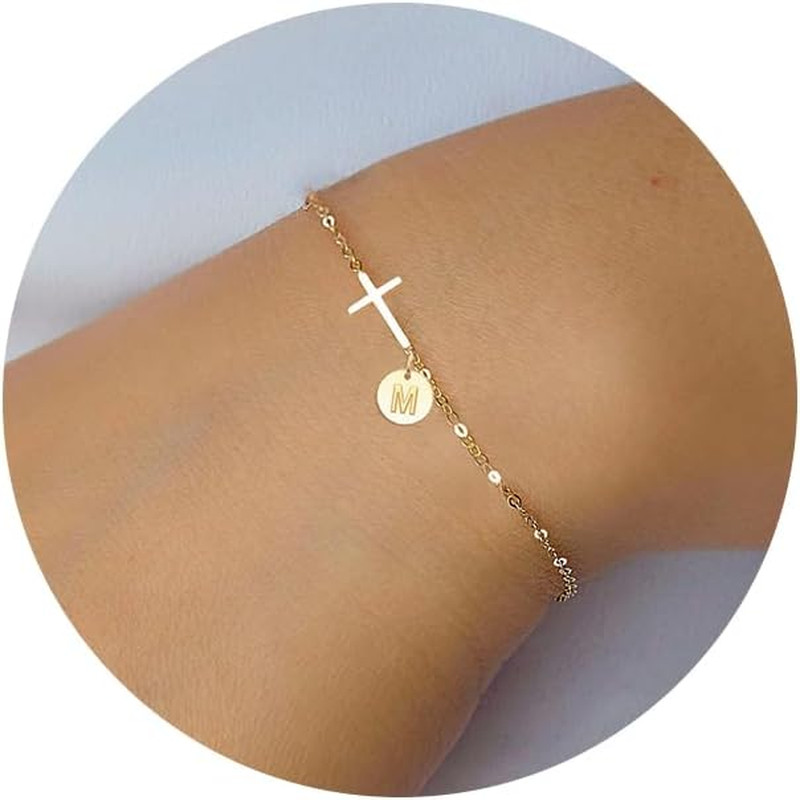 Cross Bracelet for Women Dainty Cross Bracelet with Initials Gold Link Chain Bra
