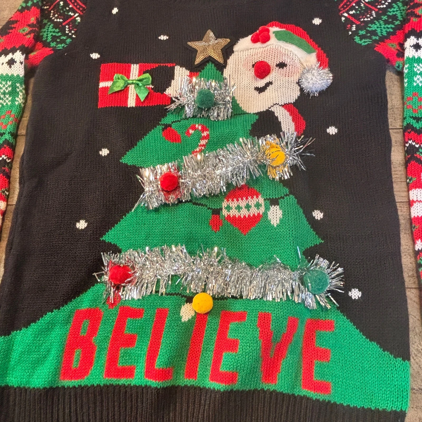 No Boundaries Black Ugly Christmas Sweater with Santa Claus Tree Tinsel Size S