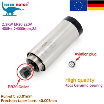 RATTMMOTOR 【DE】CNC Luftgekühlter Spindelmotor 2.2KW 220V Air Cooled Spindle Motor ER20 80mm