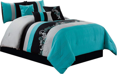Chezmoi Napa 7-Piece Luxury Embroidered Comforter Set - King, Teal/Gray/Black