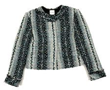 ST JOHN Eyelash Tweed Blazer Jacket Womens Size 4 Crop Foiled Wool Snap Preppy