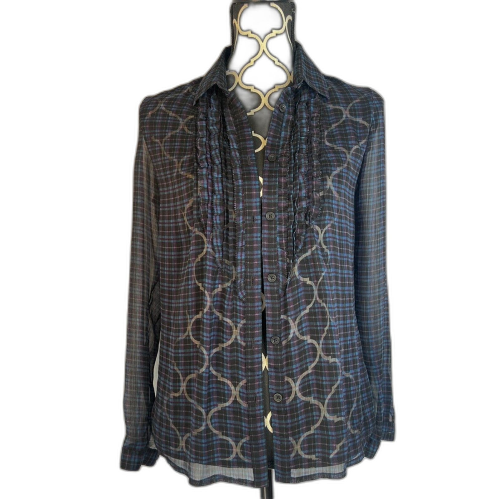 American Eagle Plaid Sheer Button Front Ruffle Tr… - image 9