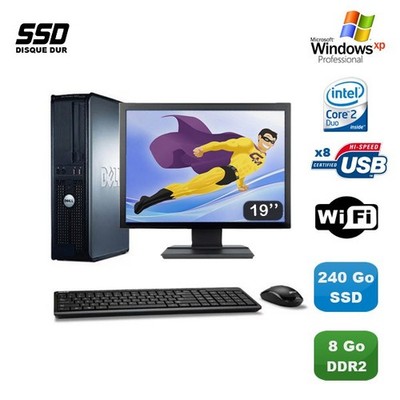 Pack PC Dell Optiplex 760 DT E8400 3Ghz 8Go DDR2 240Go SSD Wifi XP Pro + 19 ''
