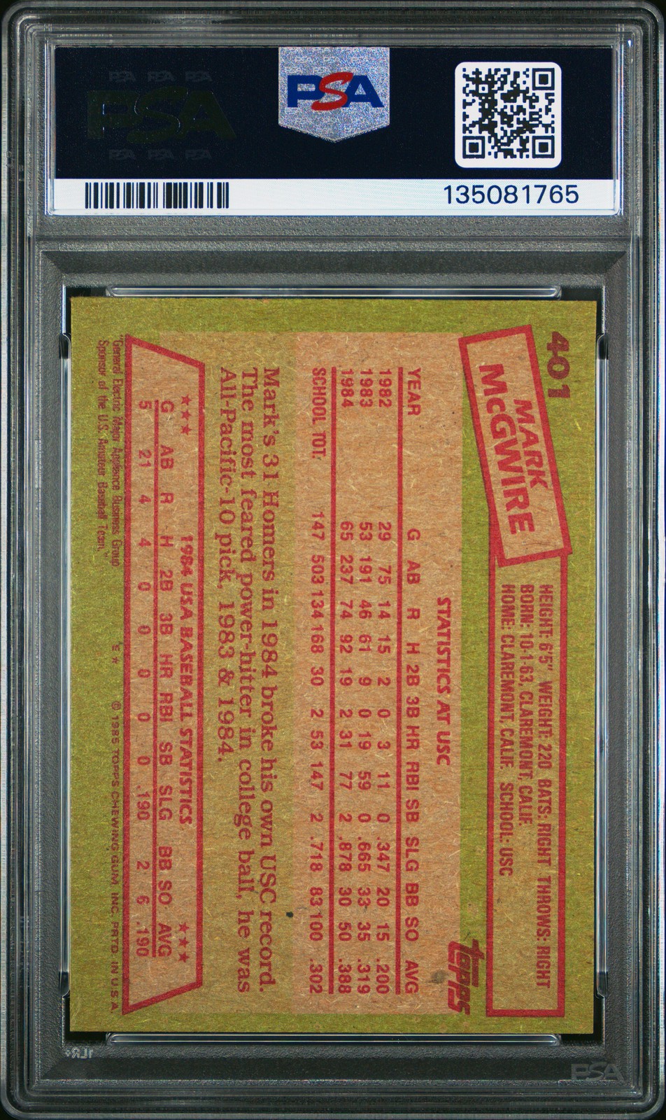 1985 TOPPS 1984 USA BASEBALL TEAM #401 MARK MCGWIRE ROOKIE RC PSA 6 view 2