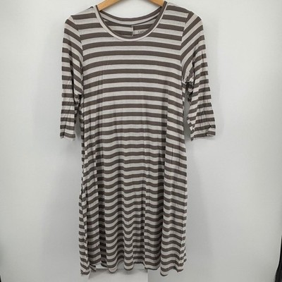 Latched Mama Grey Striped Nursing Dress 3/4 Sleeve Pockets M Breast Feeding