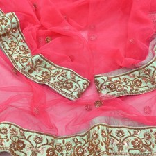 Indian Heavy Wedding Dupatta Pink Net Long Stole Hand Embroidered By Designer