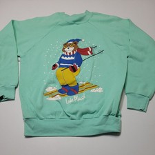 VTG Sweatshirt Women M Pullover Blue Lake Placid Stretch USA Made Christmas Bear