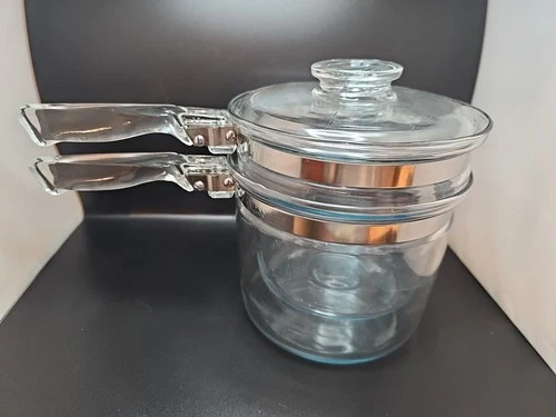 Vintage Pyrex Flameware Double Boiler with Lid #6283 3 Pieces 1 1/2 QT USA Made