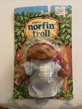 Vintage 1986 Adopt A Norfin Troll Female In Blue Pjs With Hat And Pink Hair NIB