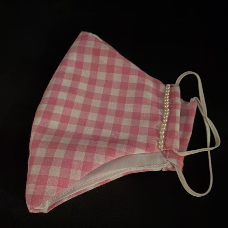 Pink & White Gingham Reusable Face Mask w/ Ear Loops & Pearl Trim