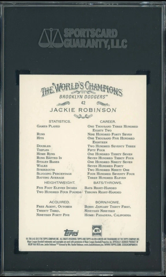 Jackie Rachel Robinson SIGNED 2013 Topps Allen & Ginter #42 Dodgers SGC Auto - Image 2 of 2