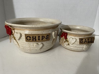 Vintage Bobby Walter s Handmade Art Pottery Glazed CHIPS and SALSA Bowls Set