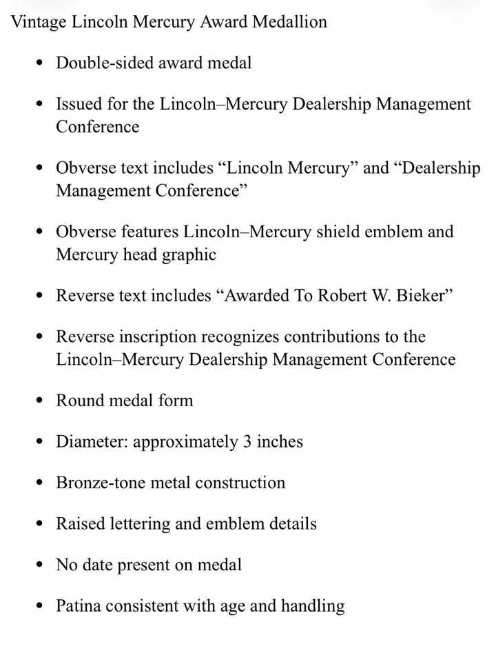 Lincoln Mercury Dealership Management Conference Award Medal Shield Mercury Man - Image 4 of 4