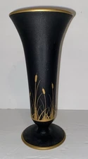 Vintage Tiffin Trumpet Black Satin Vase Gold Trim Cattails Art Deco