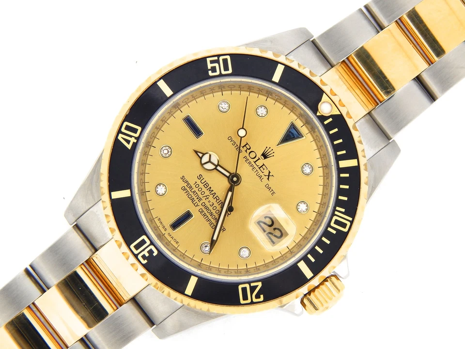 Rolex Submariner Oro 18k Acero Reloj Champagne Diamante Dial Bisel Negro 16613T