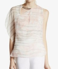 HALSTON HERITAGE Size 10 ASYMMETRIC CHIFFON TOP LOTUS ORCHID STRIPE PAINT